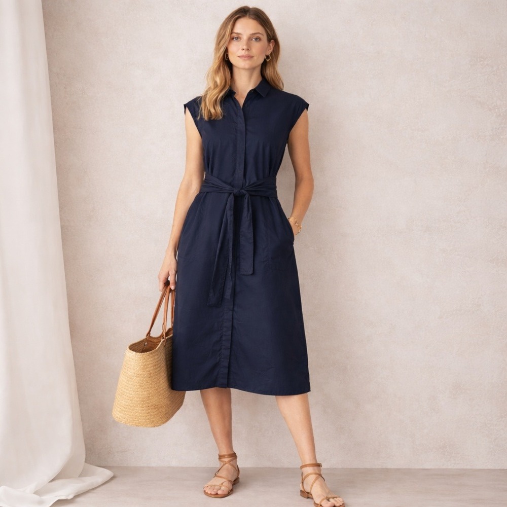 Trenery Womens Cotton Poplin Shirt‎ Dress 8 Navy Midi Minimalist Modern Classic